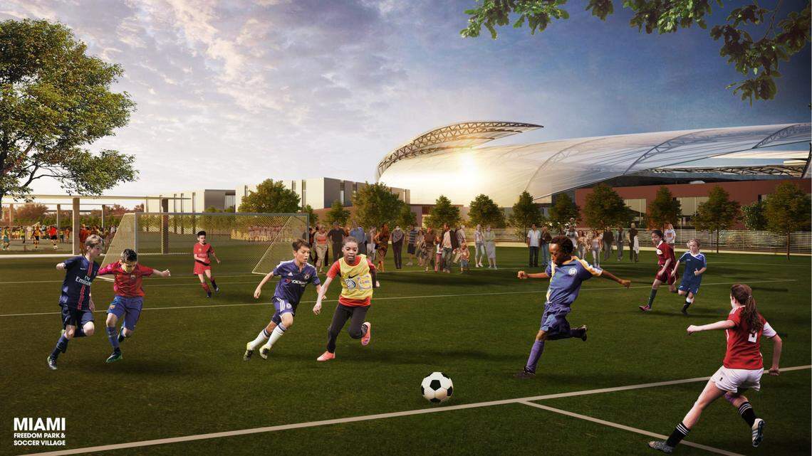 The Beckham stadium complex would include 23 acres of public soccer fields on the roof of a covered parking lot.
