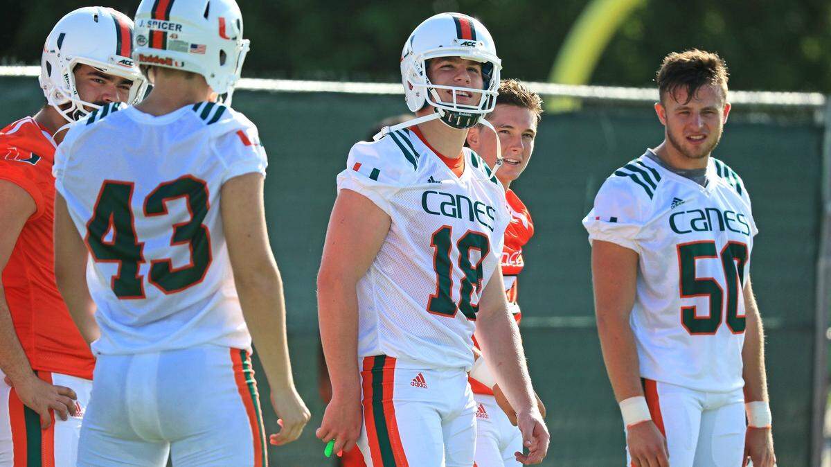 Punter Zach Feagles (18) looks on at University of Miami practice at Greentree Field. The Hurricanes will travel to Toledo, Ohio, to face the Rockets on Saturday, Sept. 15, 2018.