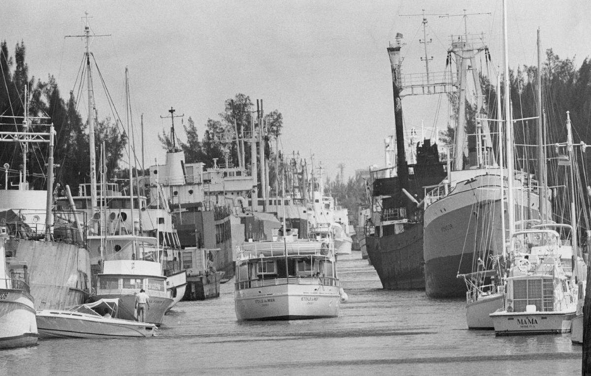 Boats gather along the Miami River ahead of Hurricane David in 1979.