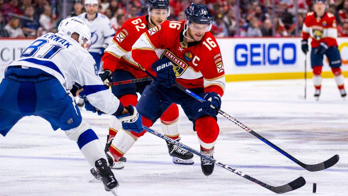 Florida Panthers center Aleksander Barkov (16) controls the puck on a fast break while guarded by Tampa bay Lightning defender Erik Cernak (81) during the second period of an NHL game at FLA Live Arena in Sunrise, Florida, on Friday, October 21, 2022.