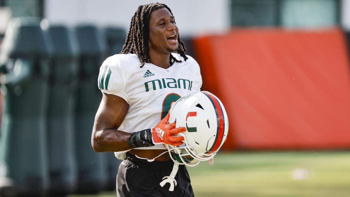 Miami Hurricanes defensive back Te’Cory Couch (0) prepares for football practice at the University of Miami’s Greentree Field on Thursday, March 9, 2023.