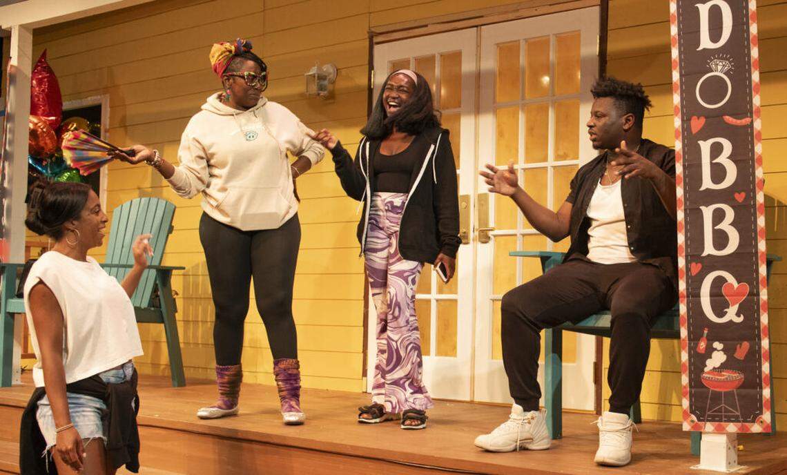 TM Pride, right, works with the “Fat Ham” cast as it readies the production at GableStage. From left, is Dina Lewis, Toddra Brunson, and Cassidy Joseph.