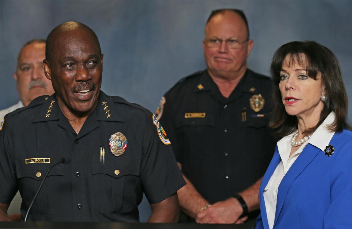 Homestead Police Chief Al Rolle talks during a press conference at the district attorney’s office about an incident involving a Homestead police officer accused of shoving a handcuffed suspect into a wall, Wednesday, August 7, 2019.