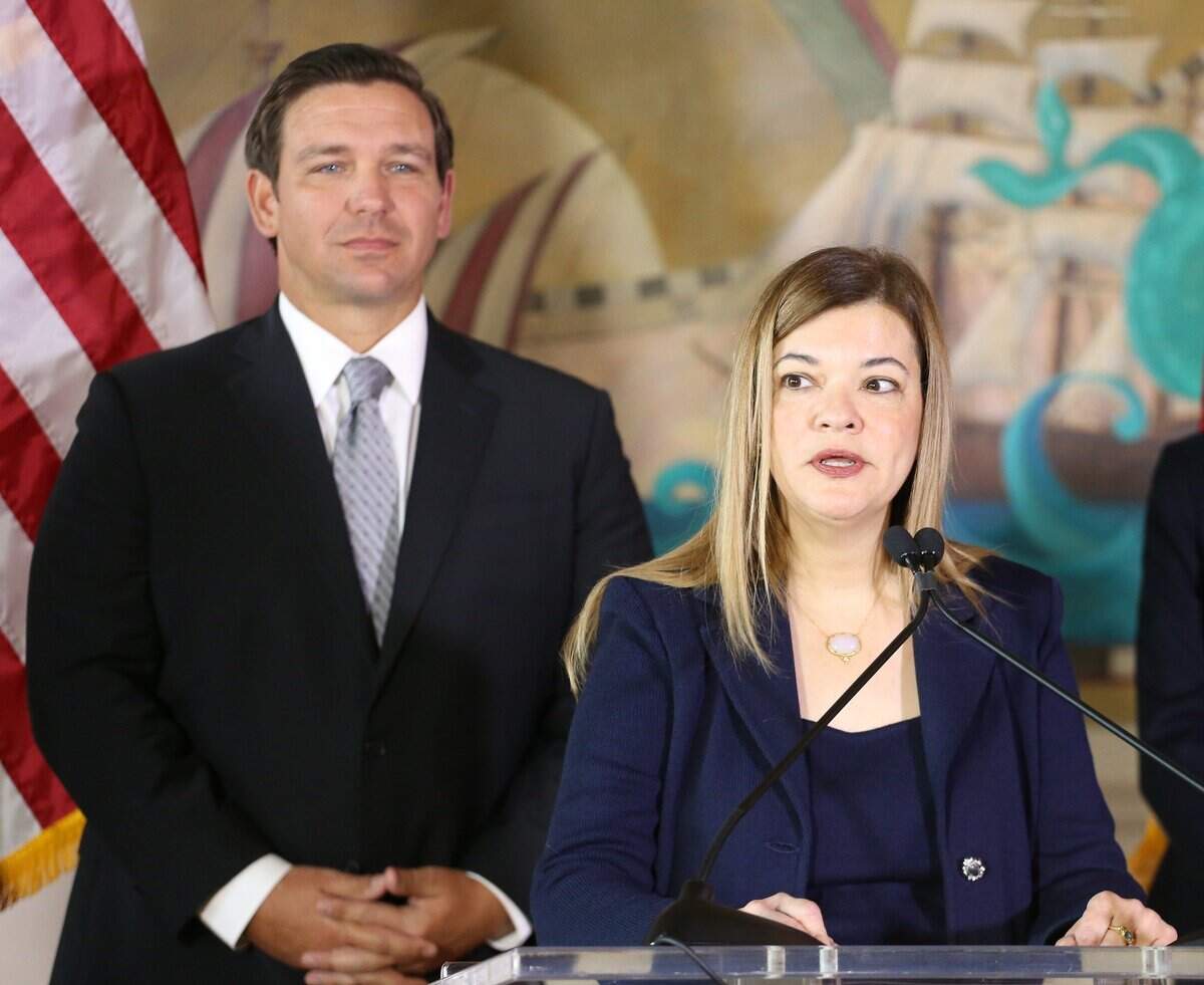 On Wednesday, January 9, 2019 Judge Barbara Lagoa, right, gives her remarks after being appointed to the Florida Supreme Court by Governor Ron DeSantis, left, inside the Freedom Tower at Miami Dade College in Miami.