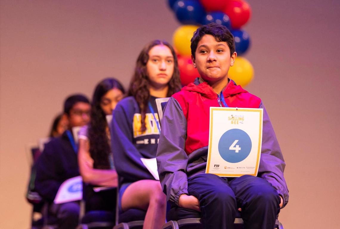 Hadi Abbasi, a sixth grader from Franklin Academy Pembroke Pines Middle School, waits to spell a word during the 85th Miami Herald Spelling Bee. Abbasi won the Broward bee.