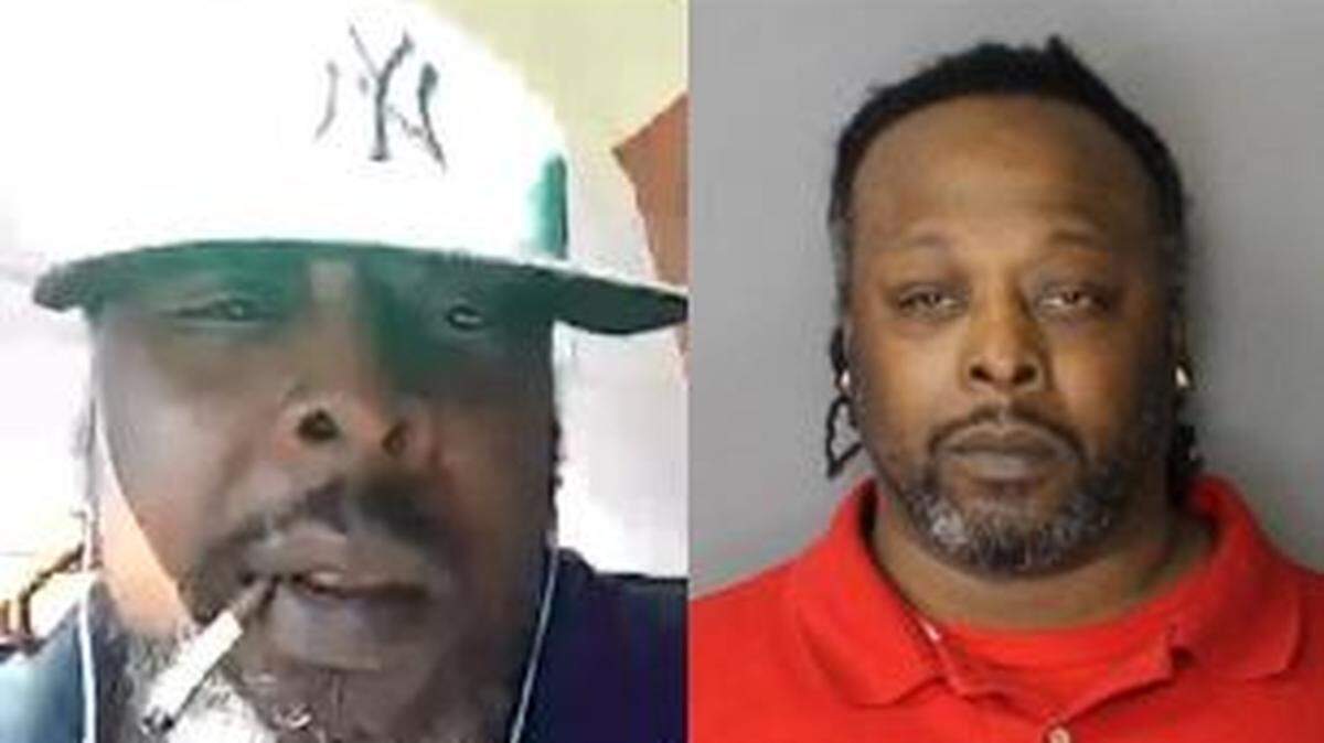 Dondell Davidson in a video chat screen grab on the left and in a New York Police Department mugshot on the right