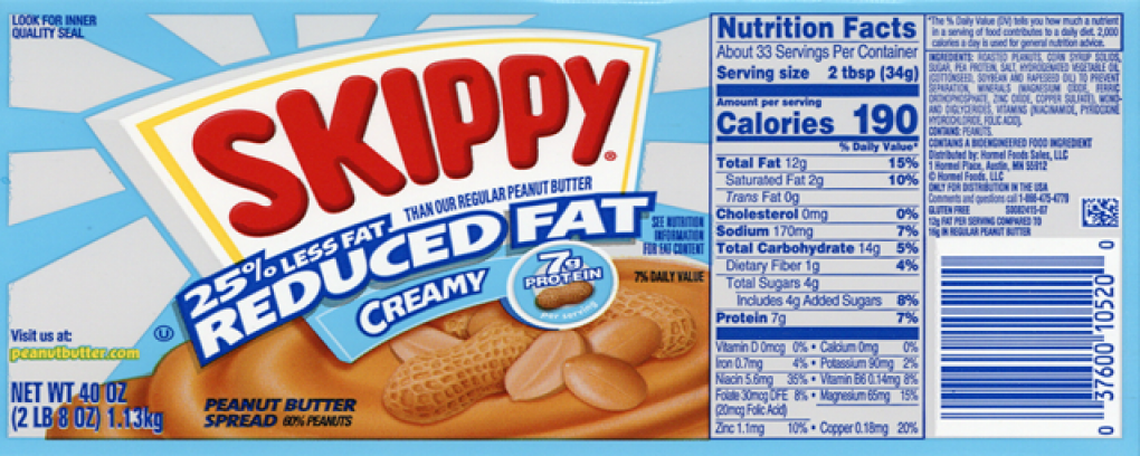 The label for Skippy Reduced Fat Creamy peanut butter
