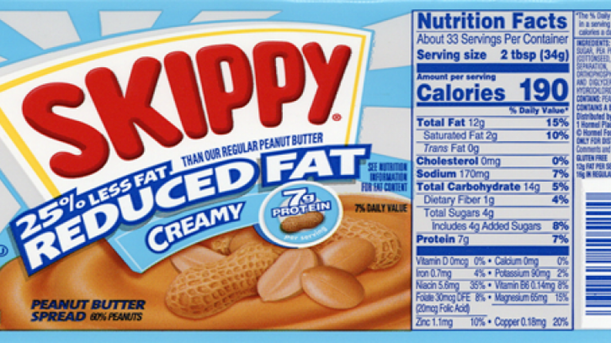 The label for Skippy Reduced Fat Creamy peanut butter