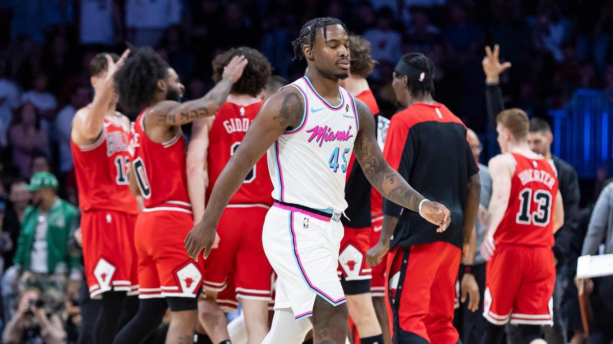 Miami Heat guard Davion Mitchell (45) reacts after the Chicago Bulls scored in the second half of their NBA game at the Kaseya Center on Saturday, March 8, 2025, in downtown Miami, Fla.