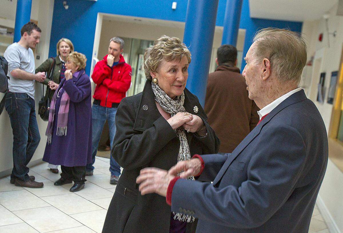 At a County Longford ceremony in Ireland recognizing the descendants of Titanic passengers from the area, Dr. James Farrell meets Marguerite Murphy Staunton, 70, the niece of Katie Gilnagh, who was rescued by Farrell’s uncle Jim on the Titanic in April 1912.