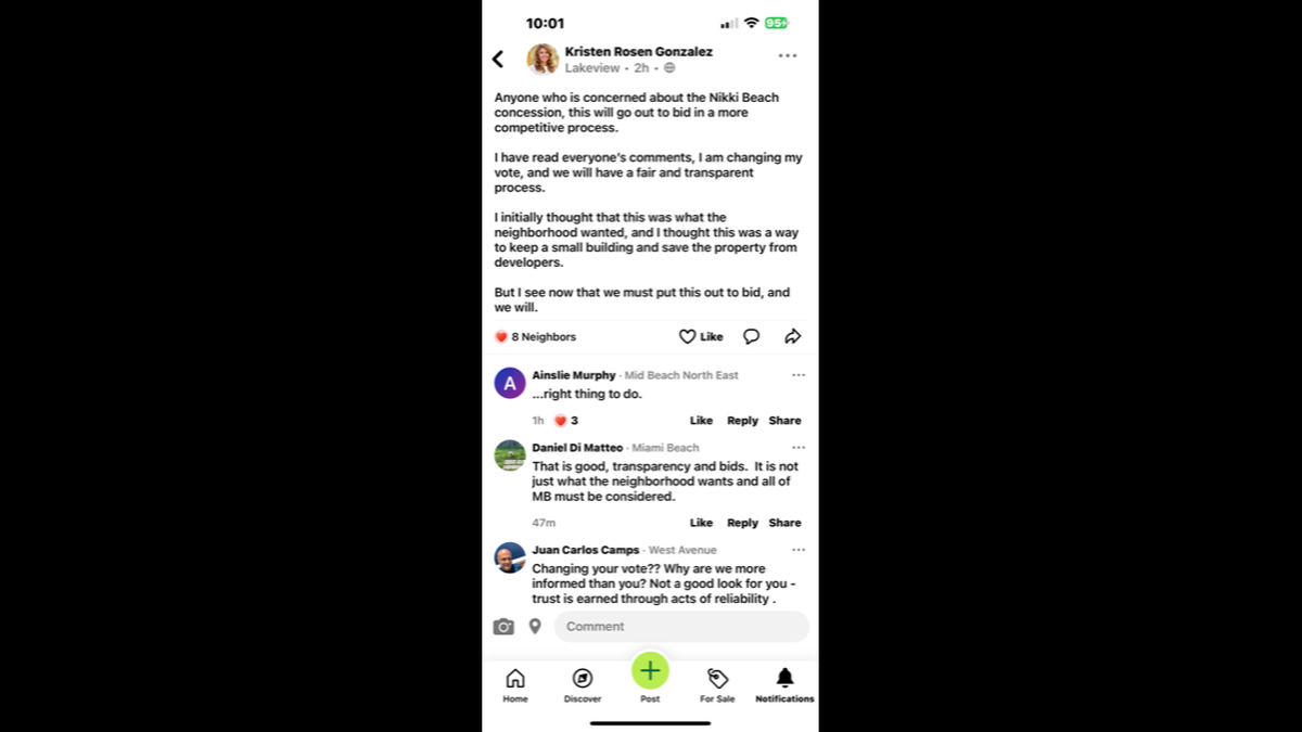 Miami Beach Commissioner Kristen Rosen Gonzalez said in a May 1 post on the app Nextdoor that she supported a competitive bid process for the Nikki Beach site.