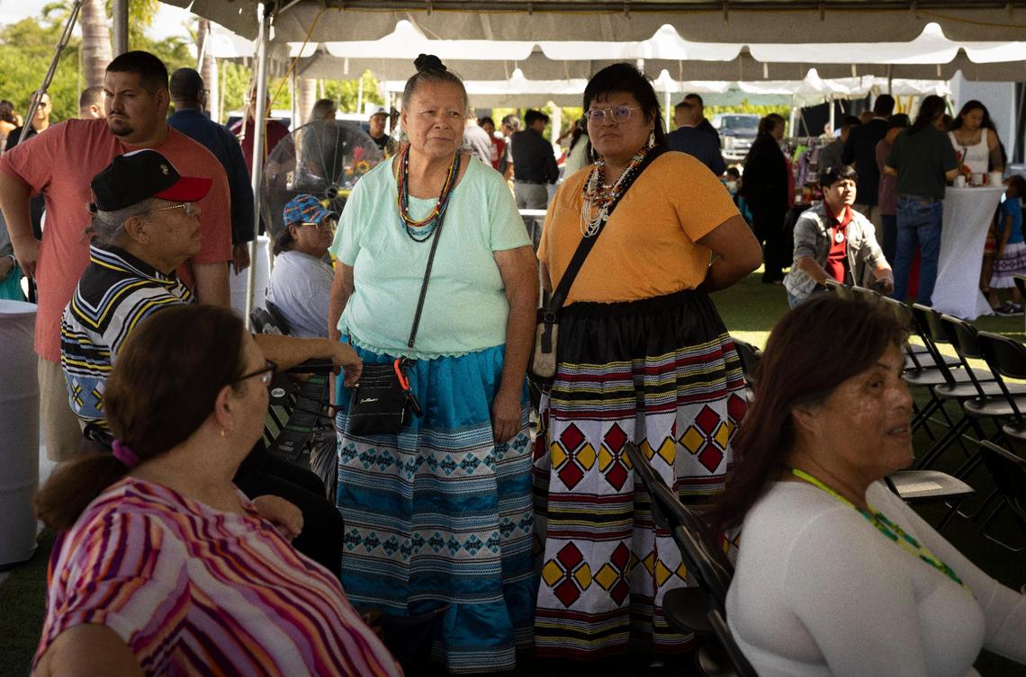 Jane Osceola Billie, 65, former tribal judge, center, stands with family during a press conference announcing a new casino being built by the Miccosukee tribe on Wednesday, Aug. 16, 2023, at the Miccosukee Service Plaza in Ochopee, Fla. “We’re proud of how far the tribe has come and I’m glad they’re finally adding onto here on this part of the tribal land,” said Billie.