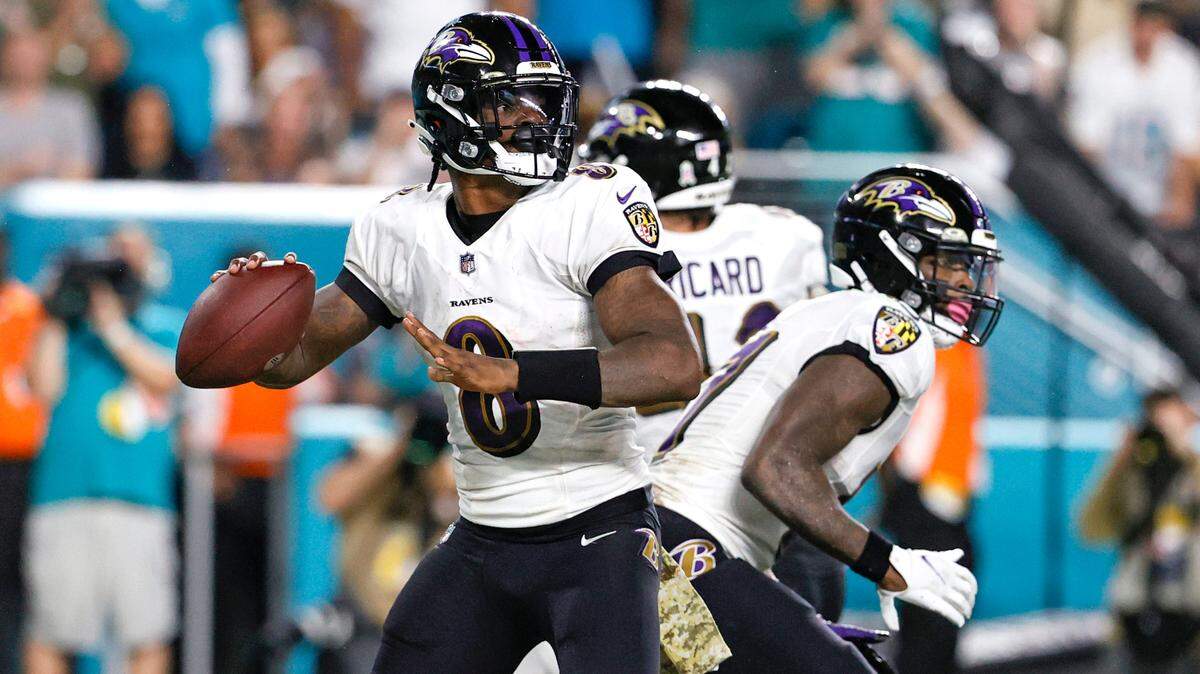 Baltimore Ravens quarterback Lamar Jackson (8) during the first quarter of an NFL football game against the Miami Dolphins at Hard Rock Stadium on Thursday, November 11, 2021 in Miami Gardens, Florida.