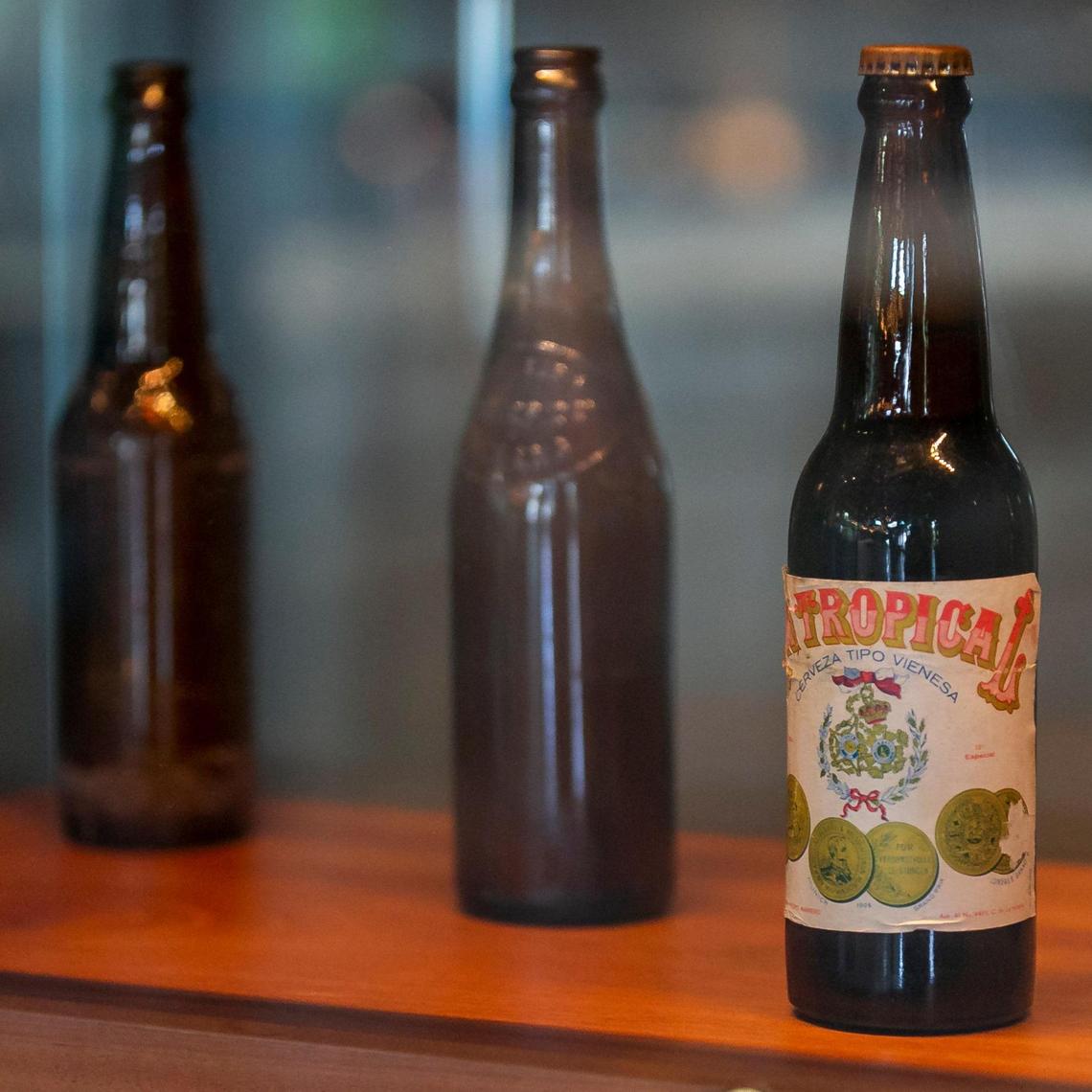 An original La Tropical beer is showcased at the entrance of Cerveceria La Tropical in Wynwood.