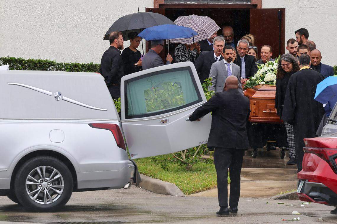 Loved ones mourn as the casket of Andrew Ferrin is carried into a hearse outside St. Philip Antiochian Orthodox Church in Davie on Monday, Feb. 24, 2025 in Davie, Florida.