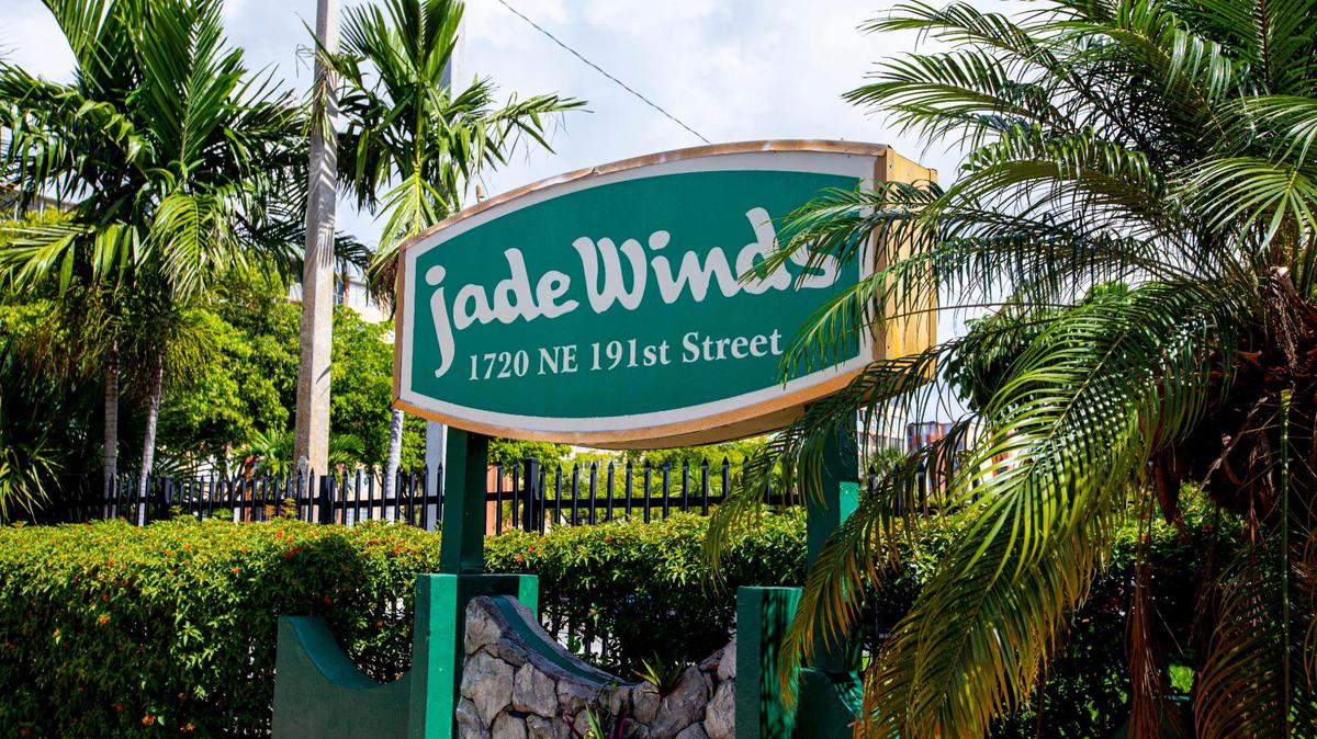 A view of the entrance to Jade Winds, which has undergone a 13-year-long process to complete its 40-year recertification requirement with Miami-Dade County, on July 15, 2021.