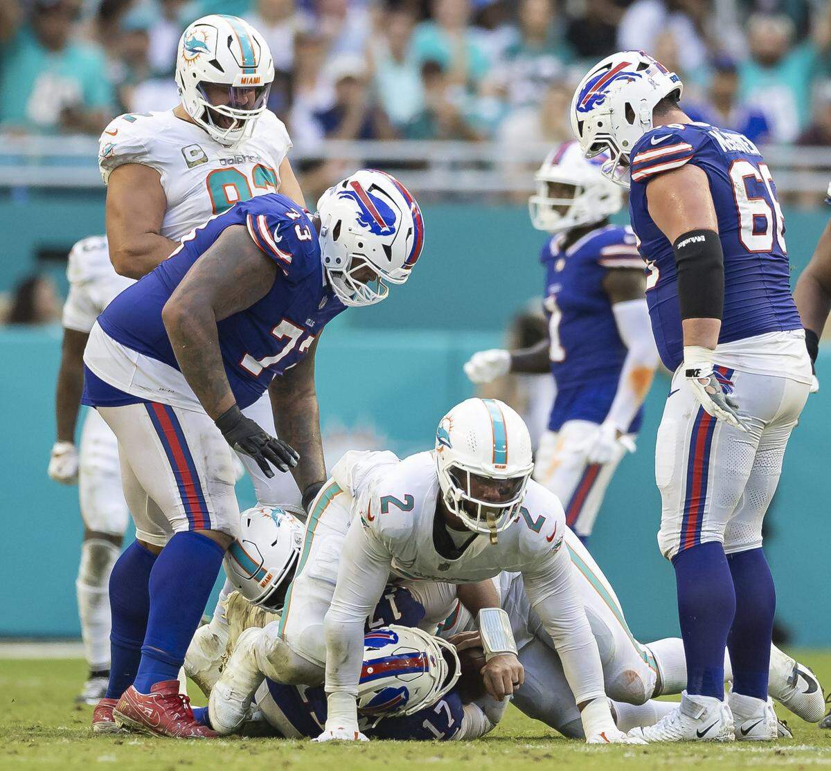 Miami Dolphins linebacker Bradley Chubb (2) reacts after sacking Buffalo Bills quarterback Josh Allen (17) in the second half of their NFL game at Hard Rock Stadium on Sunday, Nov. 9, 2025, in Miami Gardens, Fla.