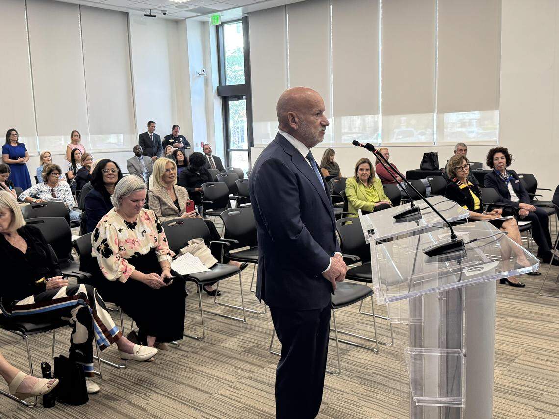 Jackson Health CEO Carlos Migoya appears before the Coral Gables City Commission, where he was recognized for his work in the community, on Tuesday, April 14, 2026.