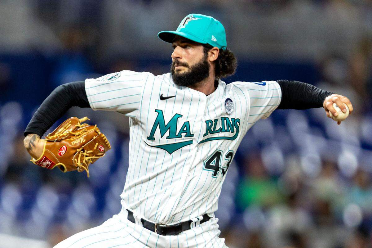 Miami Marlins pitcher Andrew Nardi (43) throws the ball during the eighth inning of an MLB game against the Oakland Athletics at loanDepot park in the Miami Marlins pitcher JT Chargois (84) throws the ball during the seventh inning of an MLB game against the Oakland Athletics at loanDepot park in the Little Havana neighborhood of Miami, Florida, on Friday, June 2, 2023. Havana neighborhood of Miami, Florida, on Friday, June 2, 2023.