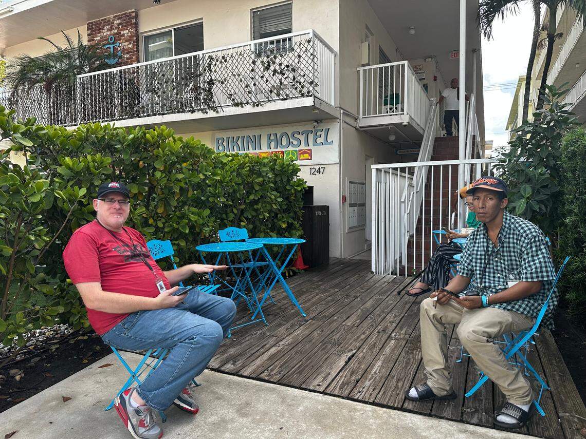Former Camillus House residents Steven Crist, left, and Yadier Montoya, right, were moved to the Bikini Hostel in South Beach on Friday, Nov. 1, 2024.