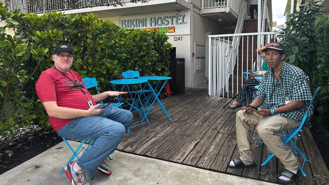 Former Camillus House residents Steven Crist, left, and Yadier Montoya, right, were moved to the Bikini Hostel in South Beach on Friday, Nov. 1, 2024.