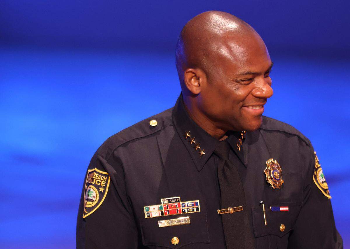 Wayne Jones smiles during his swearing-in ceremony at the New World Symphony in Miami Beach on Aug. 31, 2023.