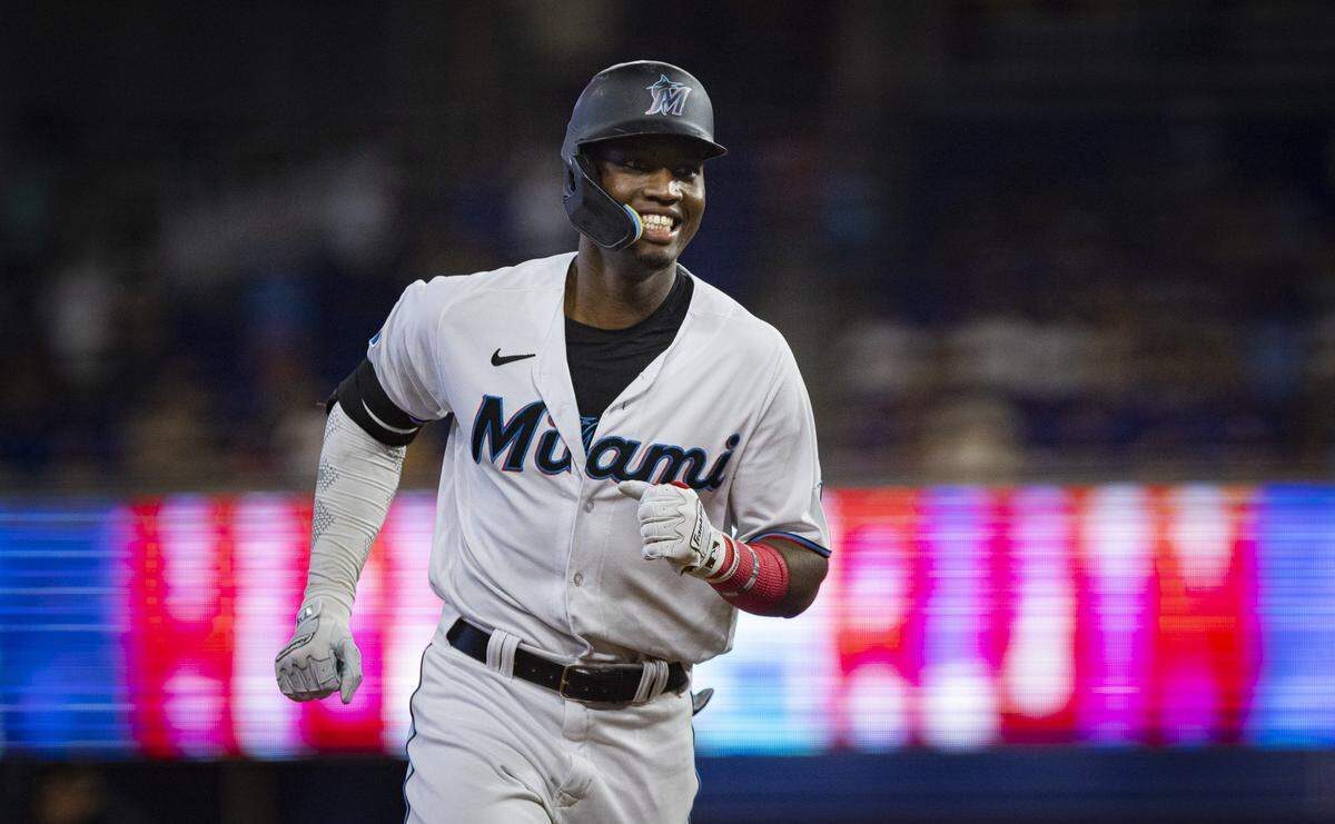 Miami Marlins right fielder Jesus Sanchez (7) smiles after hitting a two run home run during the first inning of a baseball game against the Philadelphia Phillies on Sunday, July 9, 2023, at loanDepot Park in Miami.