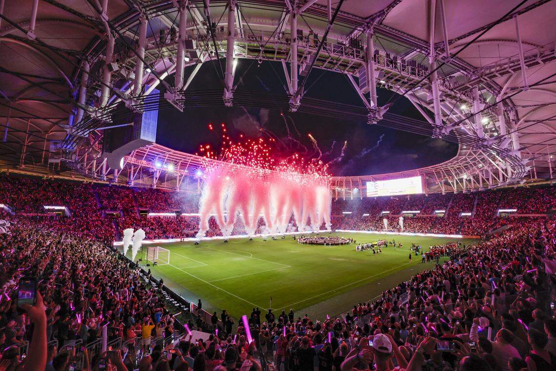The opening ceremony for an MLS match between Inter Miami CF and Austin FC takes place at Nu Stadium in Miami Freedom Park on Saturday, April 4, 2026, in Miami, Florida.