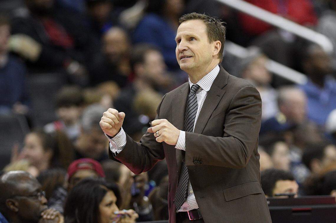 Washington Wizards head coach Scott Brooks reacts during the second half of an NBA basketball game against the Memphis Grizzlies, Saturday, March 16, 2019, in Washington. The Wizards won 135-128.