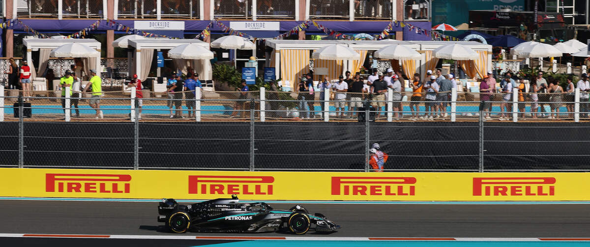 Mercedes driver Andrea Kimi Antonelli of Italy takes a turn during a Spring Qualifying session on the first day of the Formula One Miami Grand Prix at the Miami International Autodrome on Friday, May 2, 2025, in Miami Gardens, Fla.