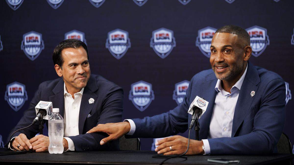 Grant Hill, USA Basketball Men’s National Team managing director, right, talks about Erik Spoelstra, Miami Heat head coach, being Team USA's new head coach during a press conference on Oct. 16, 2025, at Kaseya Center in Miami.