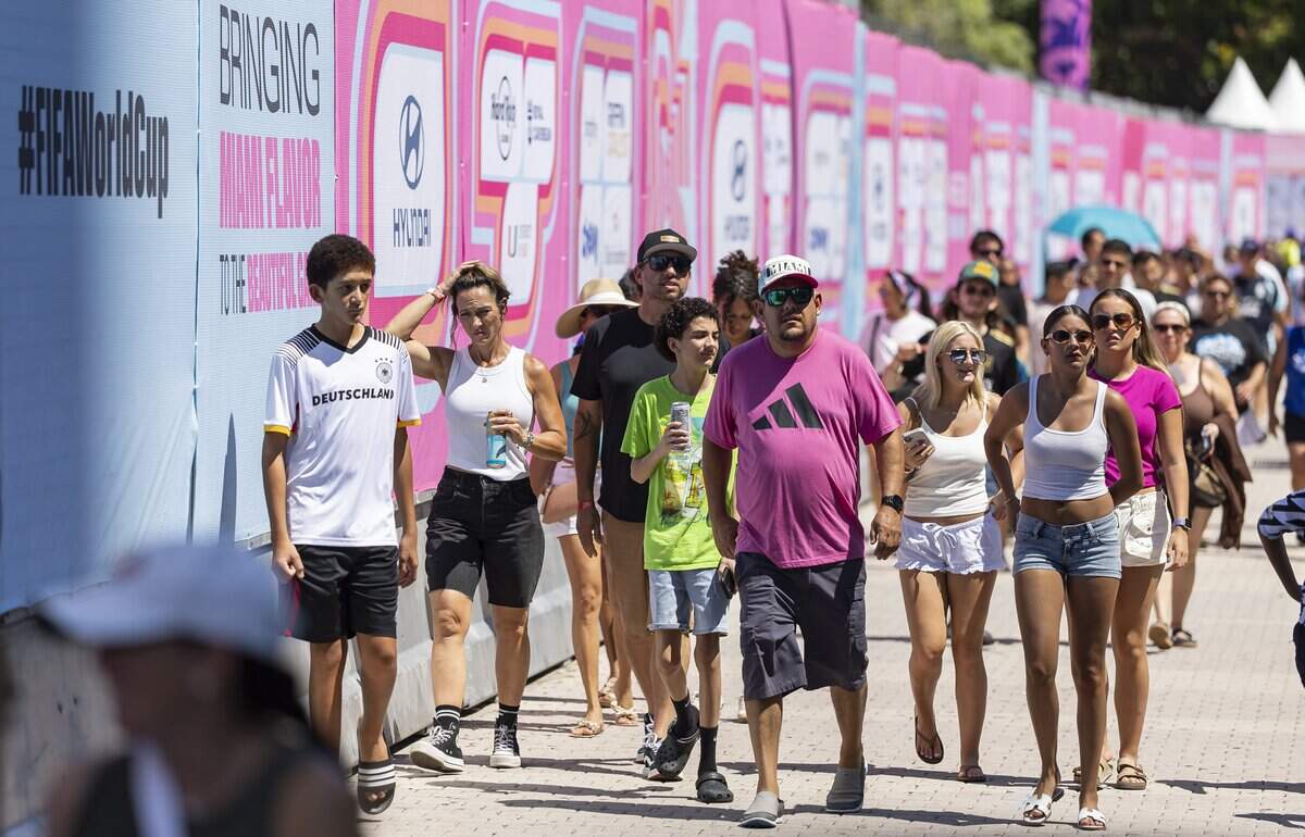 Fans arrive to the FIFA Fan Festival Miami at Bayfront Park on Saturday, June 13, 2026, in downtown Miami, Fla.