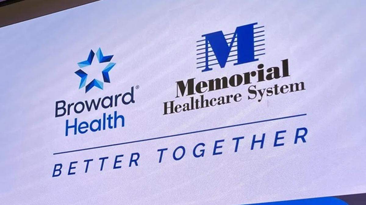 Broward Health and Memorial Healthcare logos are on display during a Broward Legislative Delegation meeting at the Memorial Regional Hospital Conference Center in Hollywood on Oct. 27, 2025. A bill to more closely align the hospital taxing districts appears to have failed again in the 2026 legislative session.