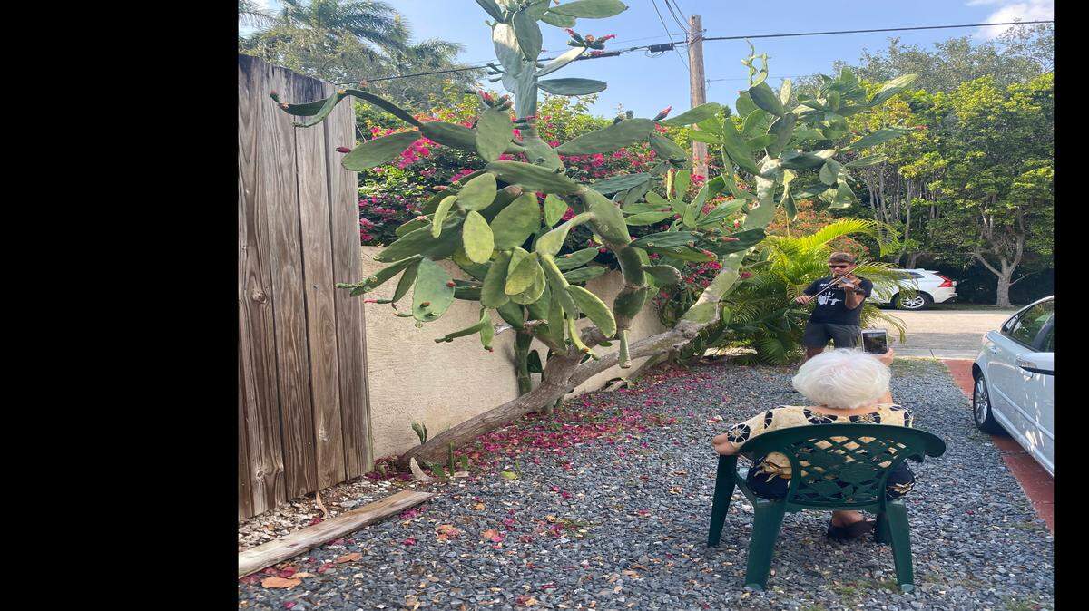 In his mini-concert April 21, Zach Buttrick, 18, performed for one person, a woman in her 80s who lives alone in Coconut Grove. She was very happy to have Zach play for her.