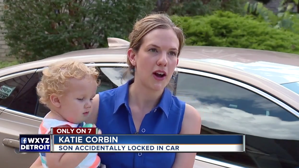 Katie Corbin said she left her 1-year-old son and a key fob inside a car while she pumped gas in Lansing, Michigan — and that it locked on a 90-degree day with the boy inside. Now, she has a warning for others.