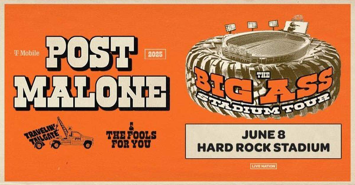 Post Malone 2025 tour logo for Miami date on June 8, 2025.