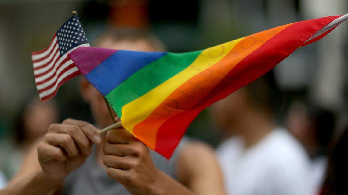 
The Florida House’s education committee and employment committee has passed the Parental Rights in Education bill, widely referred to as the “Don’t Say Gay” bill. In this 2014 photo, a protester in Miami waves an American flag and a rainbow flag in support of gay marriage. 