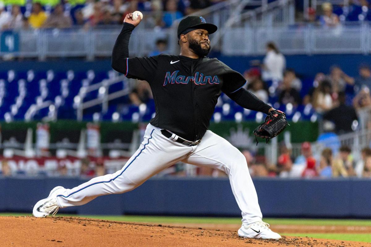 Miami Marlins pitcher Johnny Cueto (47) throws a pitch during the first inning of an MLB game against the Philadelphia Phillies at loanDepot park in the Little Havana neighborhood of Miami, Florida, on Thursday, August 3, 2023.