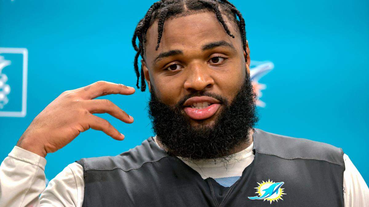 Miami Dolphins defensive end Christian Wilkins (94) talks to the media after practice at Baptist Health Training Complex in Hard Rock Stadium on Wednesday, November 3, 2021 in Miami Gardens, Florida, in preparation for their game against the Houston Texans at Hard Rock Stadium on Sunday.