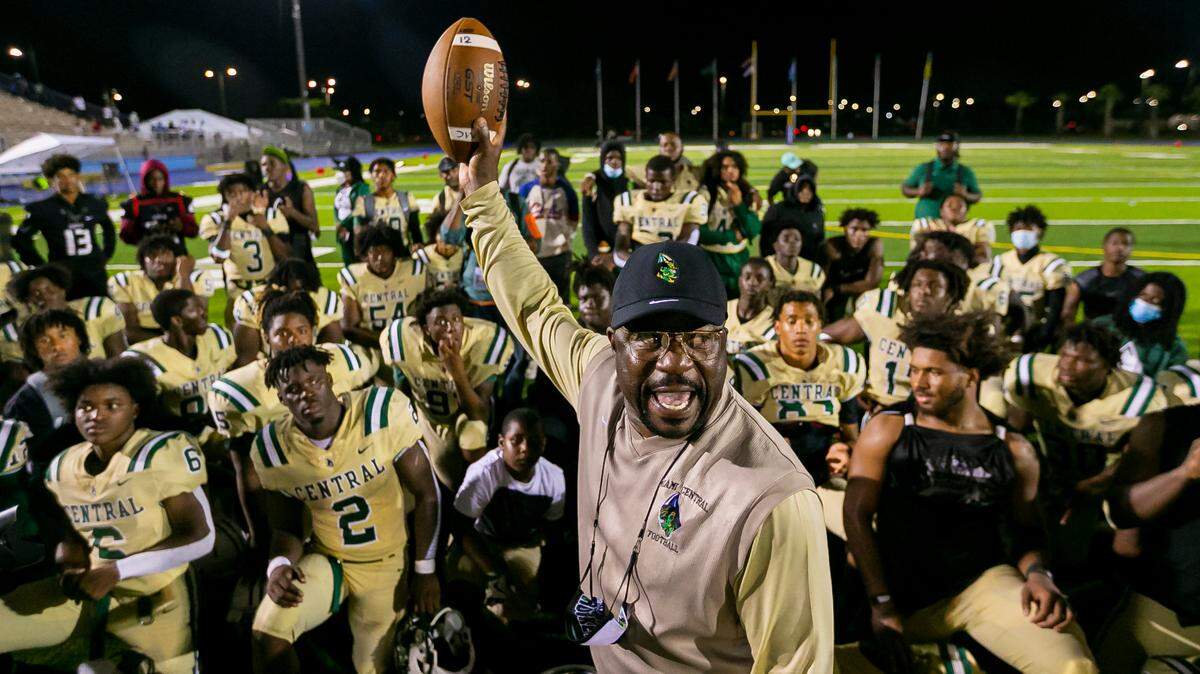 Miami Central Rockets head coach Roland Smith reacts after defeating the Northwestern Bulls 24 to 21 on Friday, October 1, 2021 at Nathaniel Traz Powell Stadium in Miami, Florida.