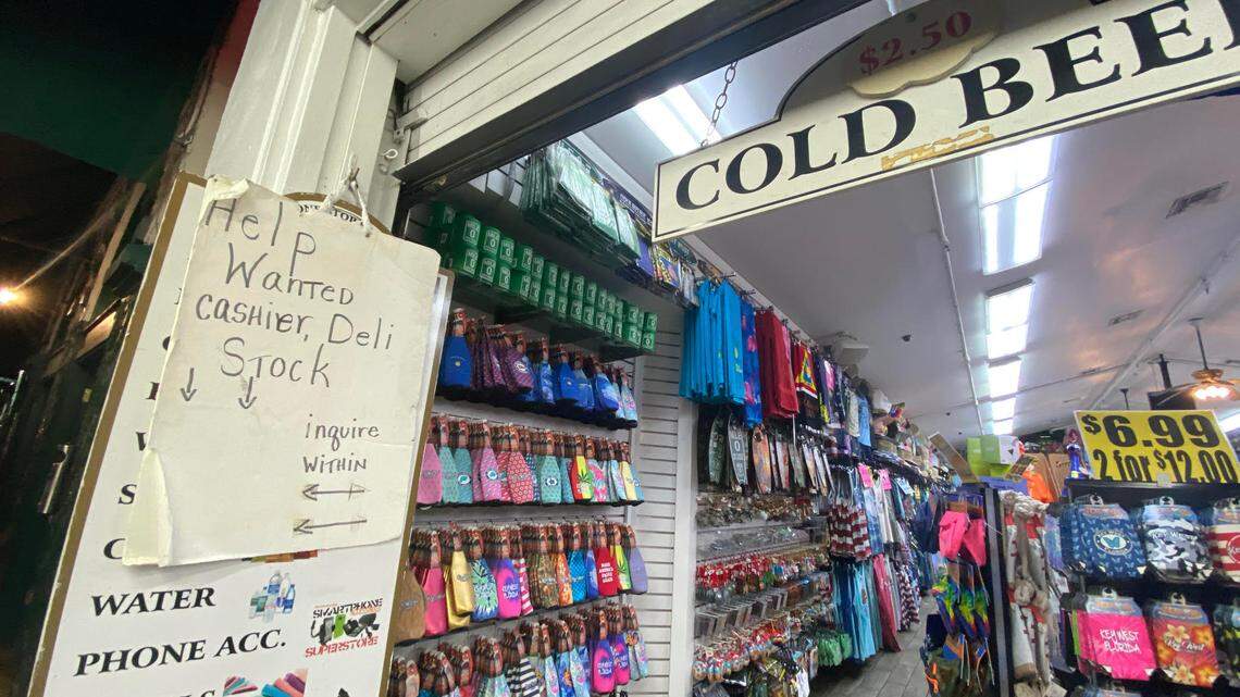 A store on Duval Street in Key West advertises for multiple positions on Sept. 1, 2022.