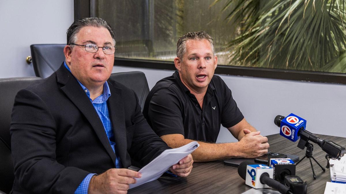 Attorney Michael Pizzi (left) and Pembroke Park Commissioner Geoffrey Jacobs held a press conference in Miami Lakes, to announce a multi-million dollar lawsuit on behalf of Mr. Jacobs against Mayor Ashira Mohammed and the Town of Pembroke Park for malicious prosecution, false arrest and other Federal and State grounds, after all charges against him were dismissed by the Broward County Court, on Friday, September 06, 2024.