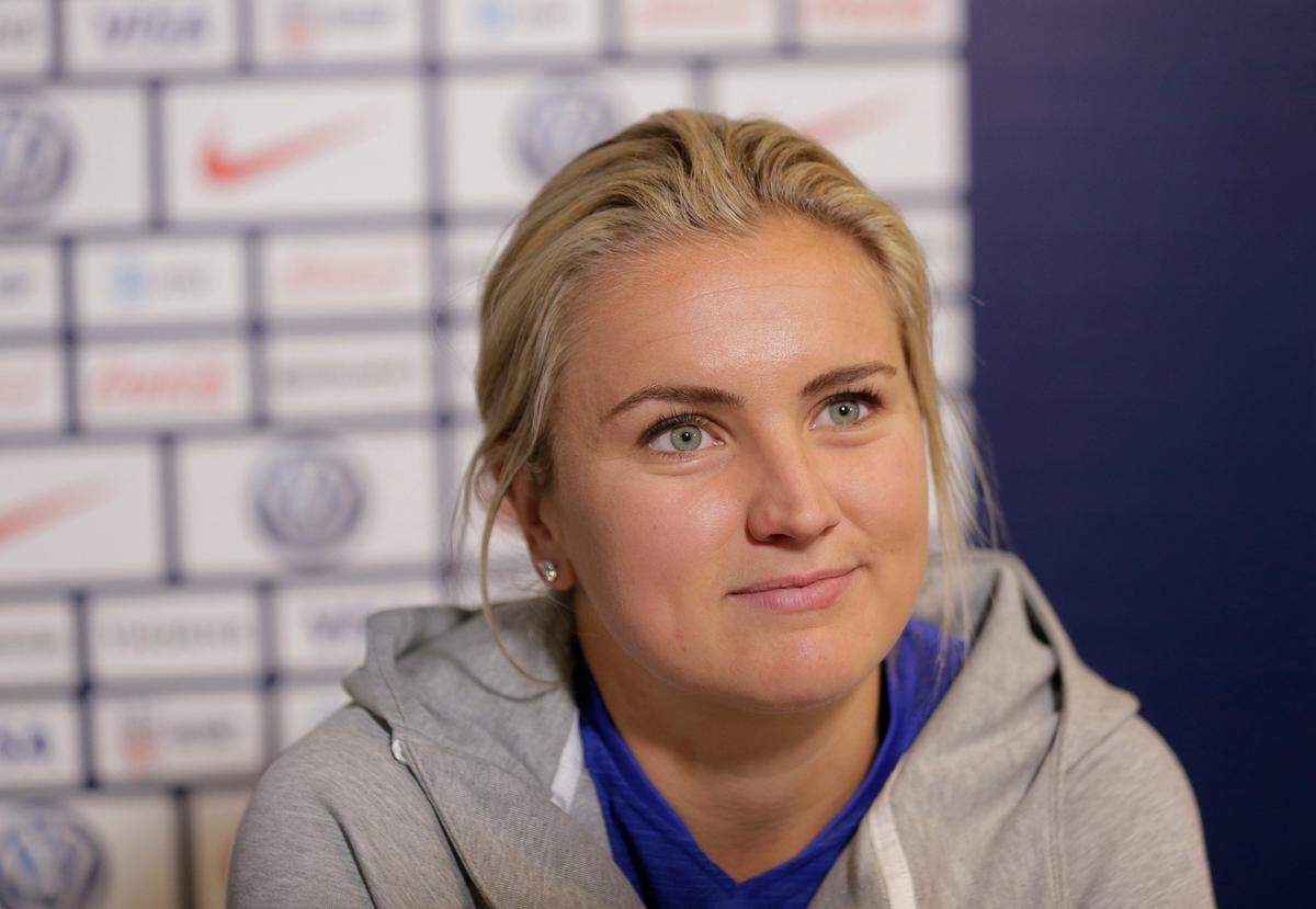 Lindsey Horan, a member of the United States women’s national soccer team, speaks to reporters during a media day in New York, Friday, May 24, 2019.