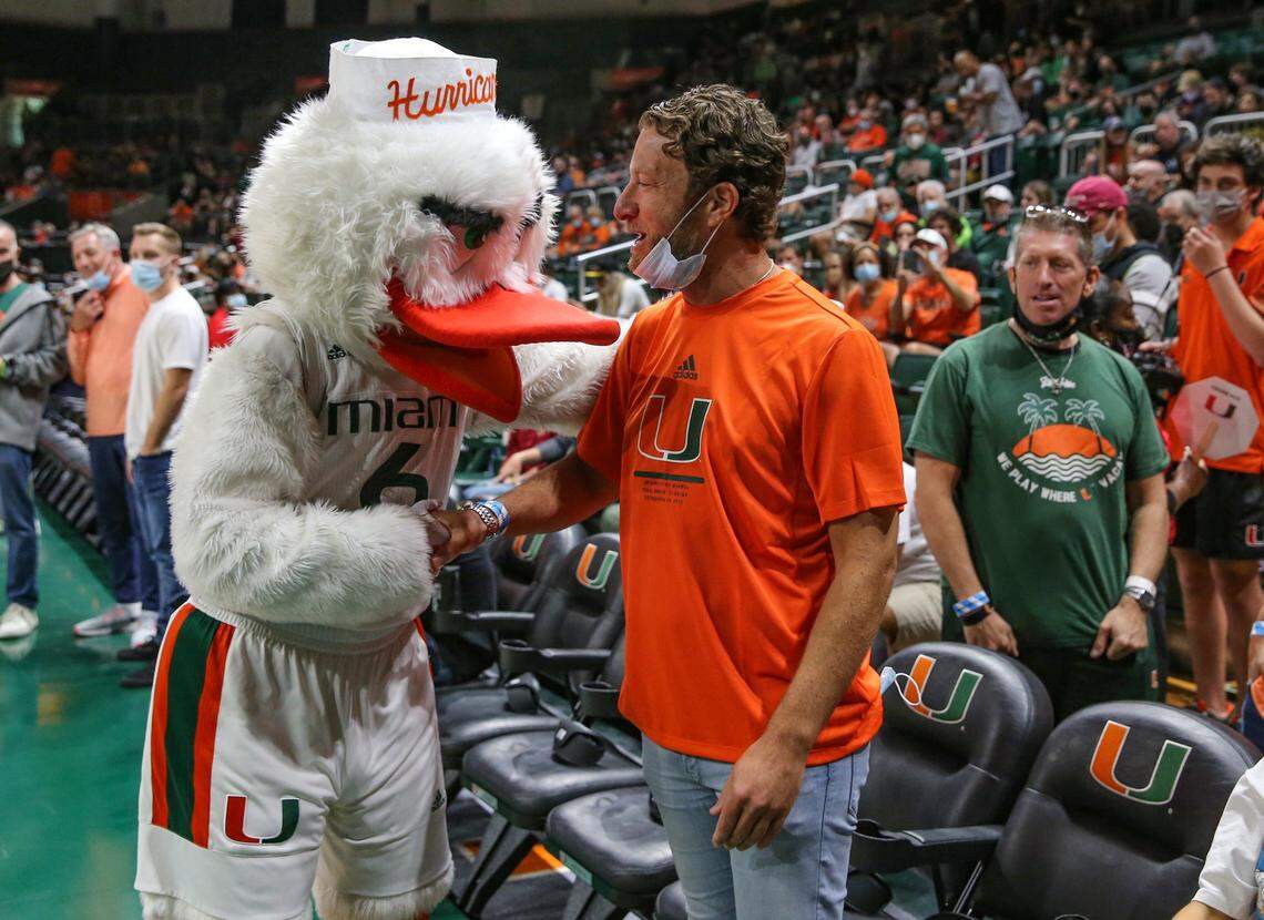 The Miami Hurricanes Ibis greets Barstool Sports founder Dave Portnoy before the start of a basketball game against Florida State Seminoles at the Watsco Center in Coral Gables in 2022.