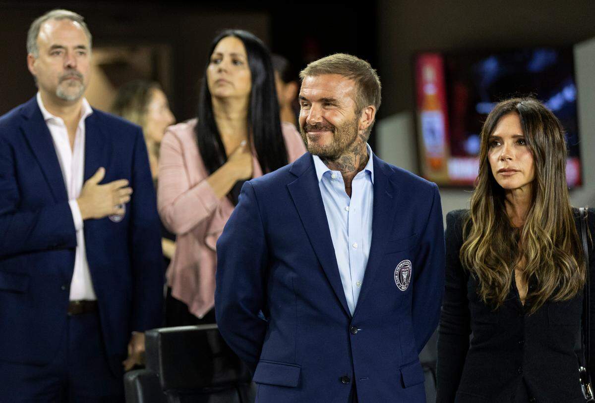 Inter Miami Co-owner David Beckham and his wife, Victoria Beckham, are seen before the start of their team’s MLS match against Charlotte FC at DRV PNK Stadium on Wednesday, Oct. 18, 2023, in Fort Lauderdale, Fla.