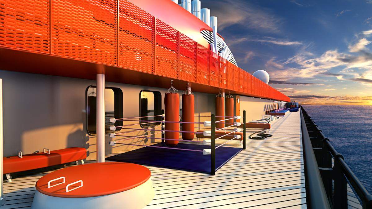 The boxing ring is among several new athletic features available on Virgin Voyages’ upcoming Scarlet Lady ship, sailing from PortMiami in 2020.