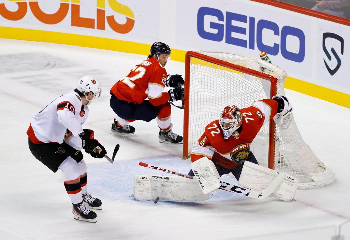 Florida Panthers goaltender Sergei Bobrovsky (72) blocks a shot by Ottawa Senators left wing Alex Formenton (10) during the first period of an NHL game at the FLA Live Arena on Thursday, March 3, 2022 in Sunrise, Fl.