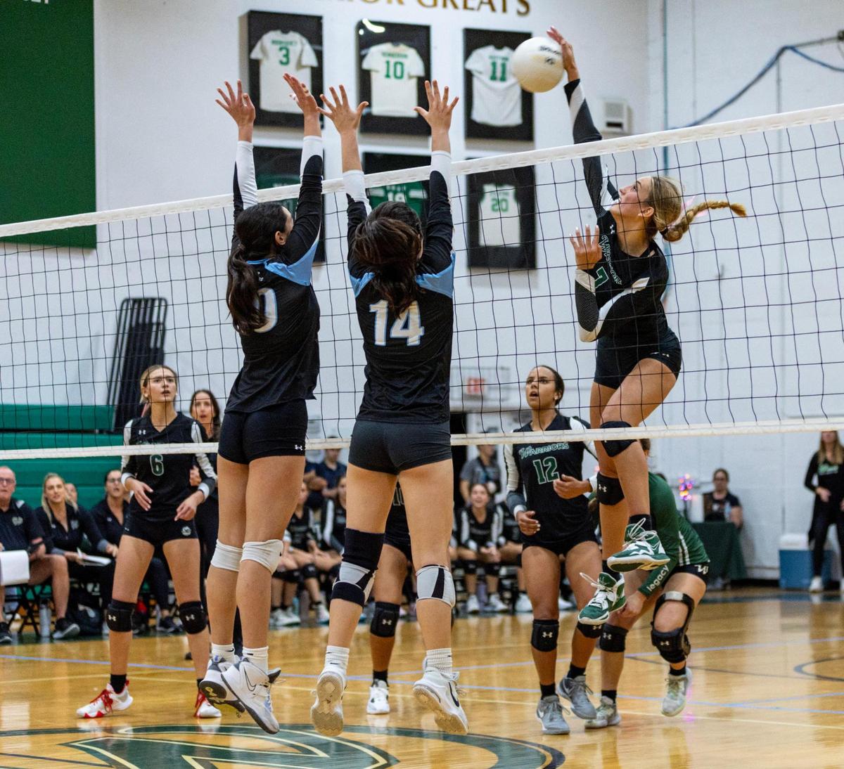 Westminster Christian outside hitter Gigi Artiles (7) strikes the ball during the girls volleyball regional championship game against Ransom Everglades at Westminster Christian School in Miami, Florida, on Tuesday, October 31, 2023.