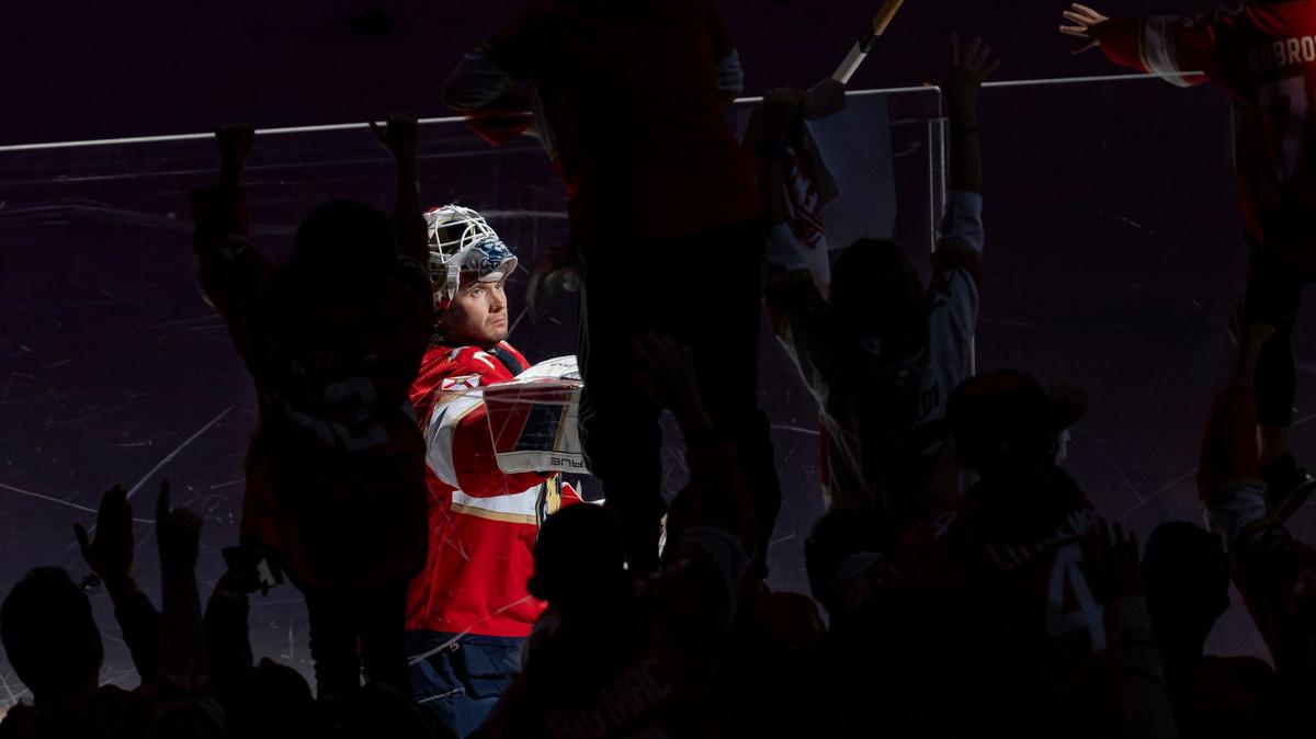 Florida Panthers goaltender Sergei Bobrovsky (72) gives a fan a hockey stick after defeating the Tampa Bay Lightning in Game 2 of the first-round of the 2024 Stanley Cup Playoffs at Amerant Bank Arena on Tuesday, April 23, 2024, in Sunrise, Fla.