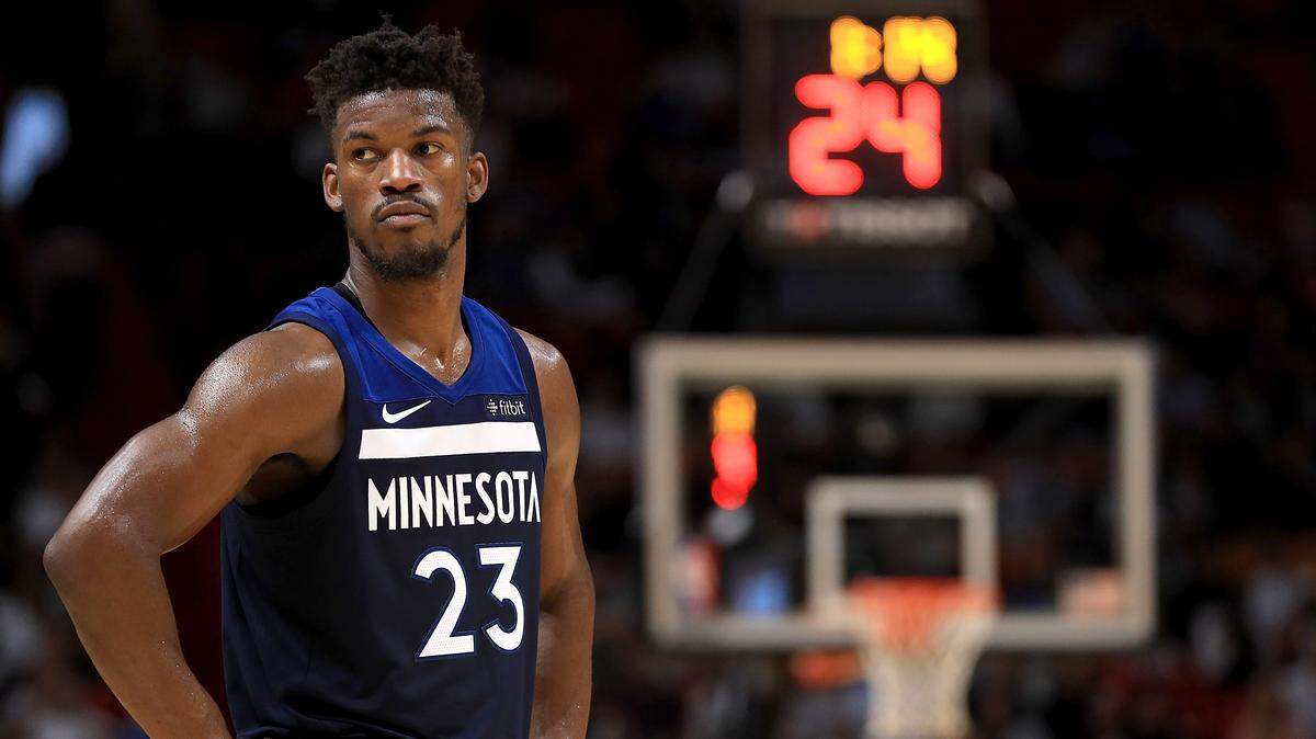 Jimmy Butler #23 of the Minnesota Timberwolves looks on during a game against the Miami Heat at American Airlines Arena on October 30, 2017 in Miami, Florida. The Heat and Butler have continued to discuss a trade in recent days.